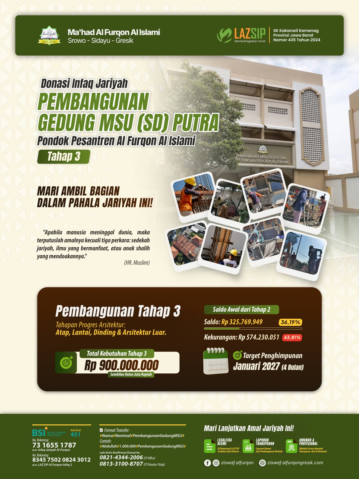 DONASI INFAQ JARIYAH PEMBANGUNAN GEDUNG MSU (SD) PUTRA AL FURQON AL ISLAMI Srowo Sidayu Gresik TAHAP 3