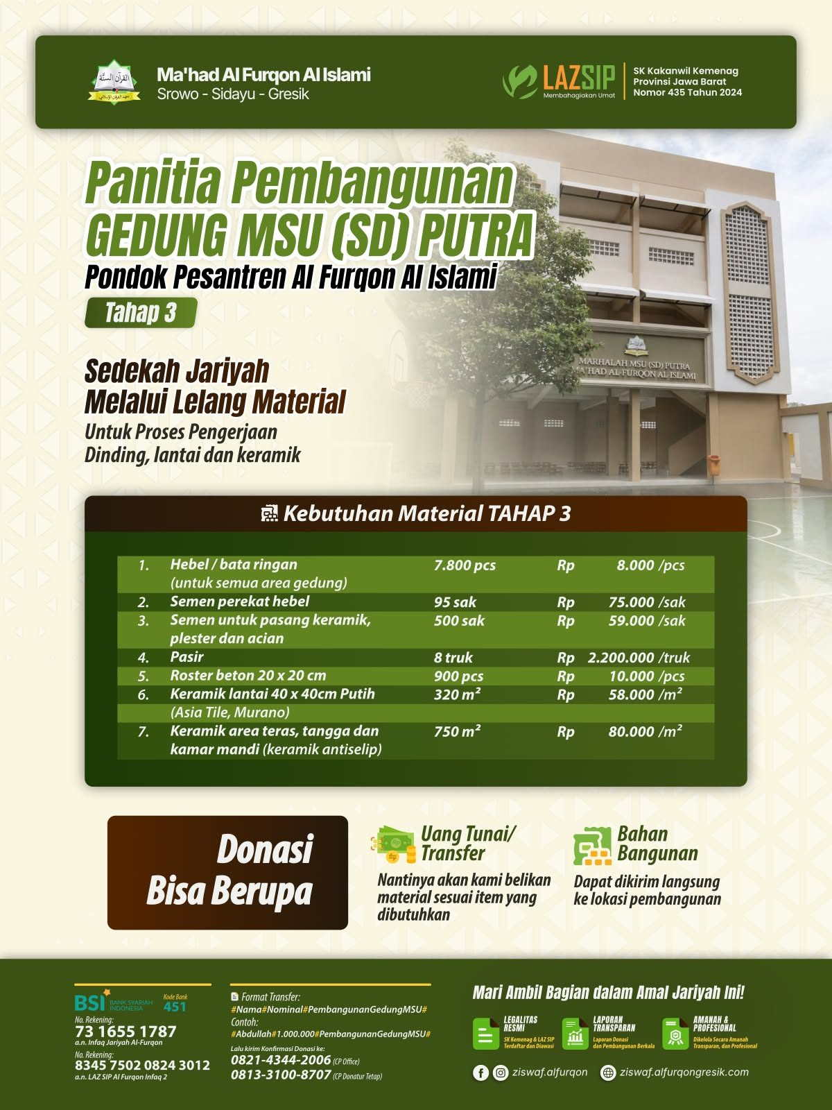 DONASI INFAQ JARIYAH PEMBANGUNAN GEDUNG MSU (SD) PUTRA AL FURQON AL ISLAMI Srowo Sidayu Gresik TAHAP 3